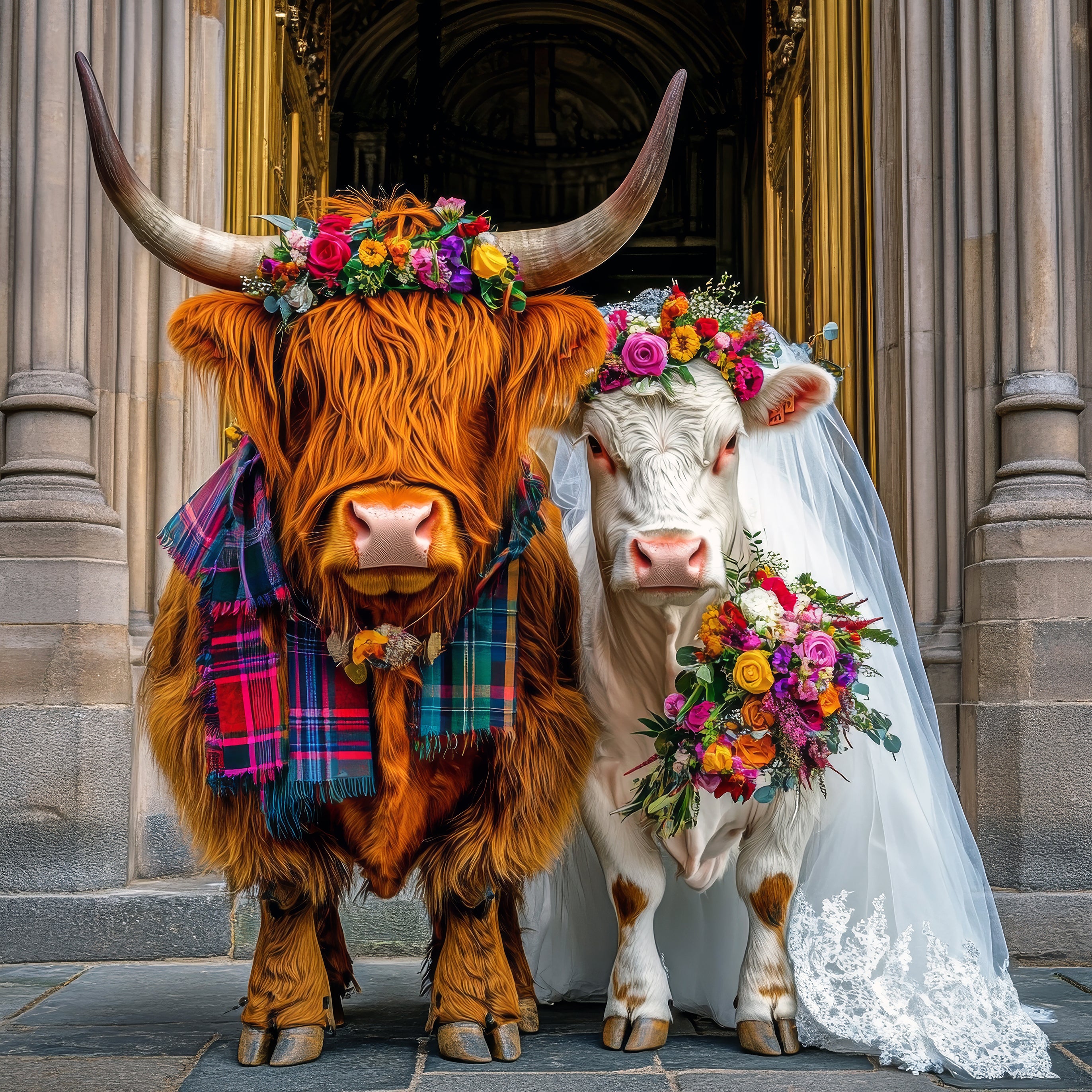 Two Highland Cows, on there wedding one with a plaid shawl and the other in a wedding dress and veil, standing in front of a grand church building.