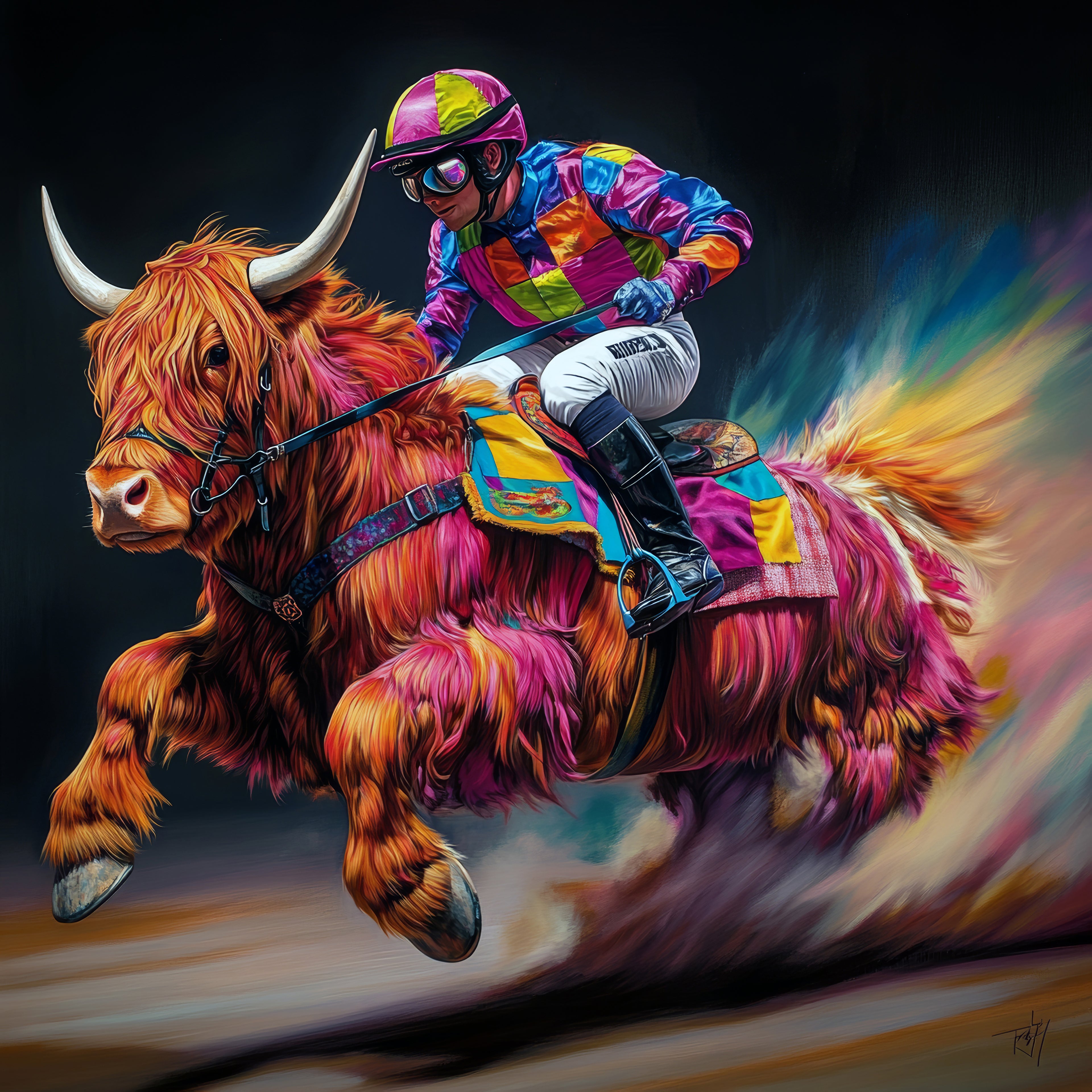 Colorful illustration of a person riding a large, multicolored bull with dynamic background