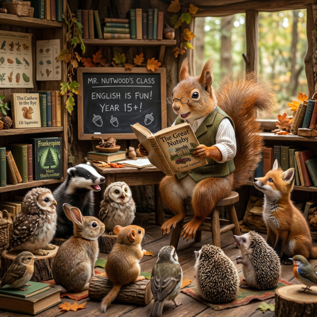 Squirrel teacher with animals in a classroom setting