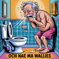 Cartoon of an elderly man in a bathroom with a toilet and towel, vomiting teeth.