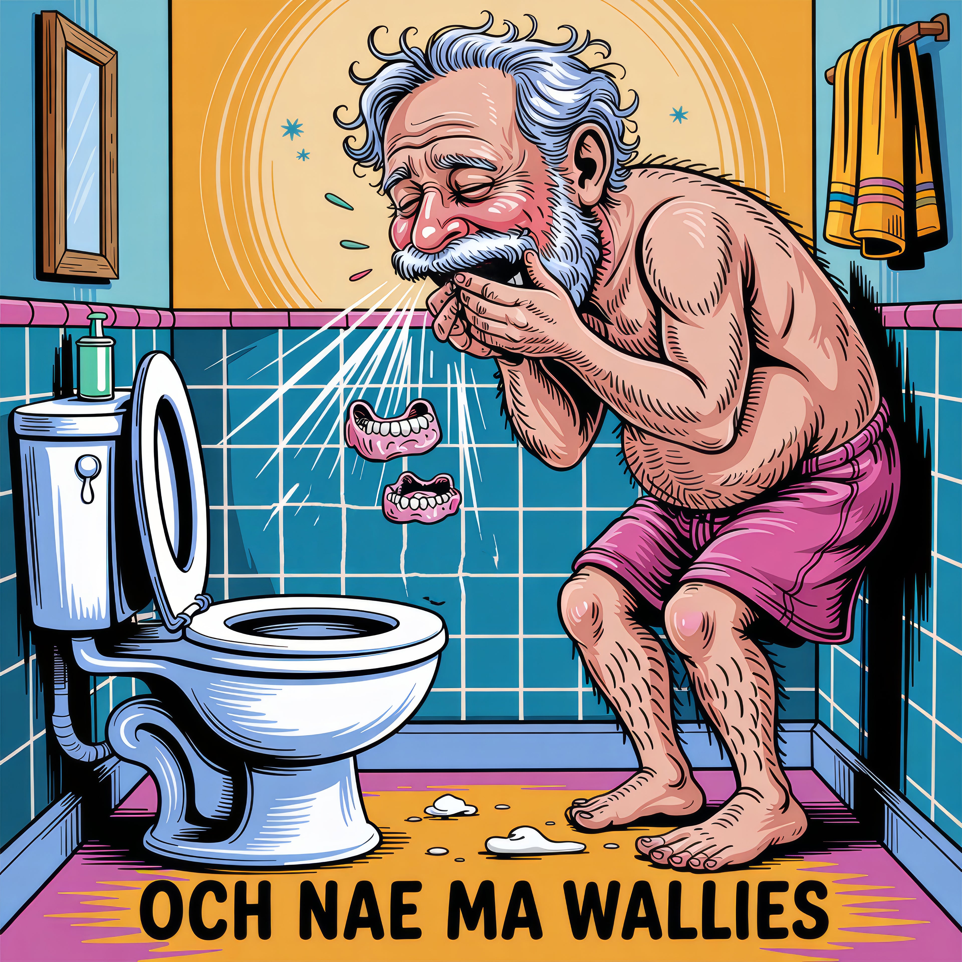 Cartoon of an elderly man in a bathroom with a toilet and towel, vomiting teeth.