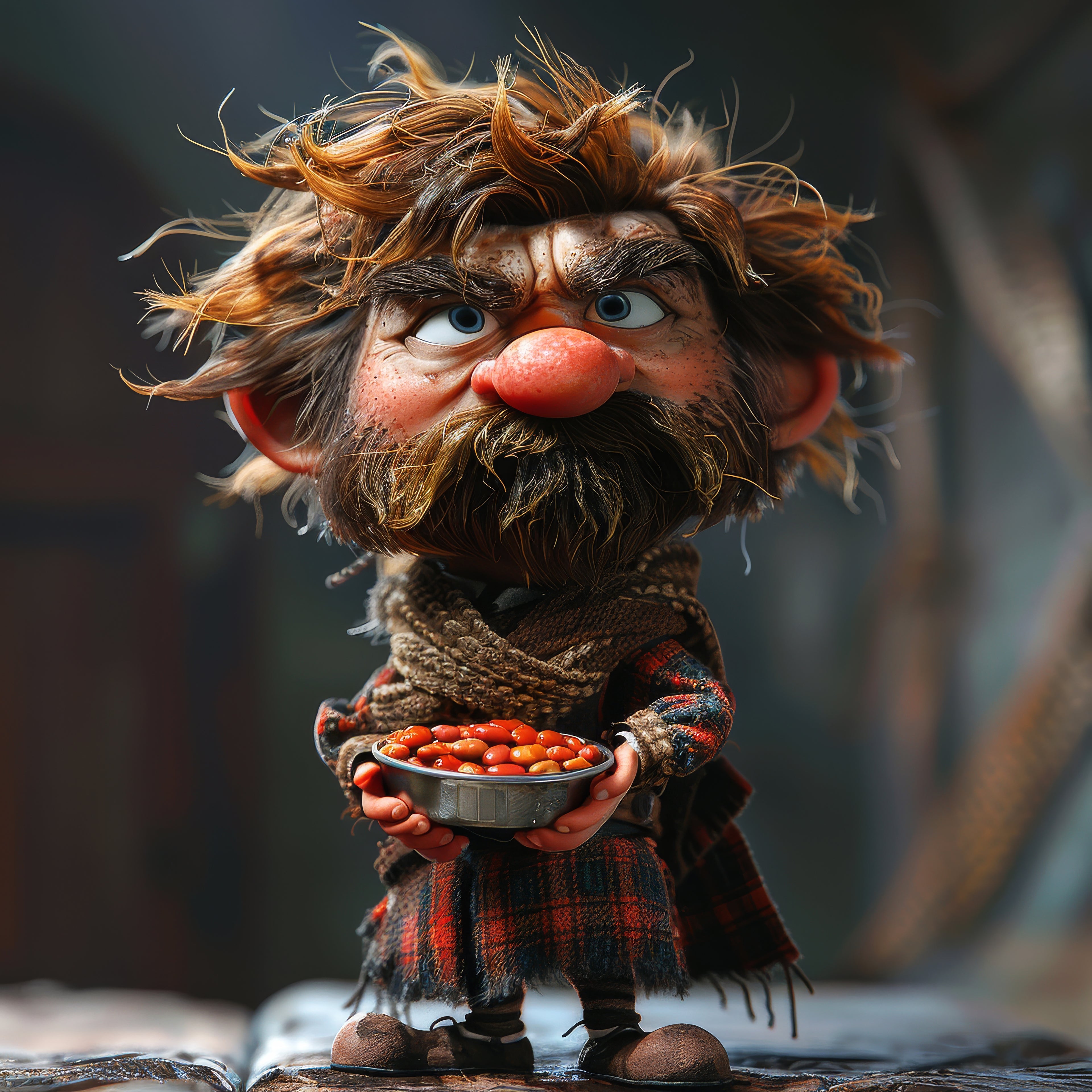 Animated character resembling a gnome or dwarf holding a bowl of red berries.