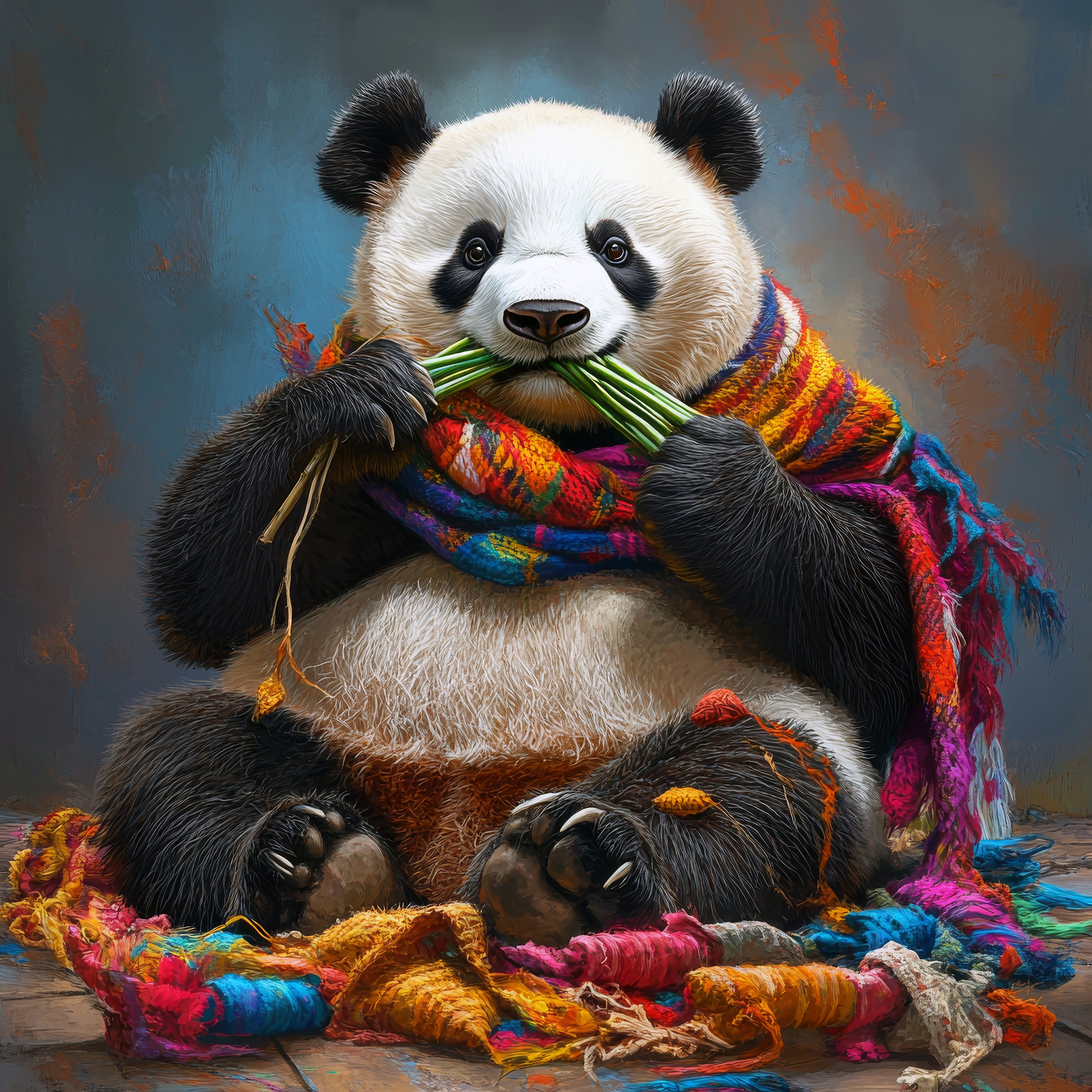 Panda bear wearing a colorful scarf surrounded by yarn on a wooden surface.