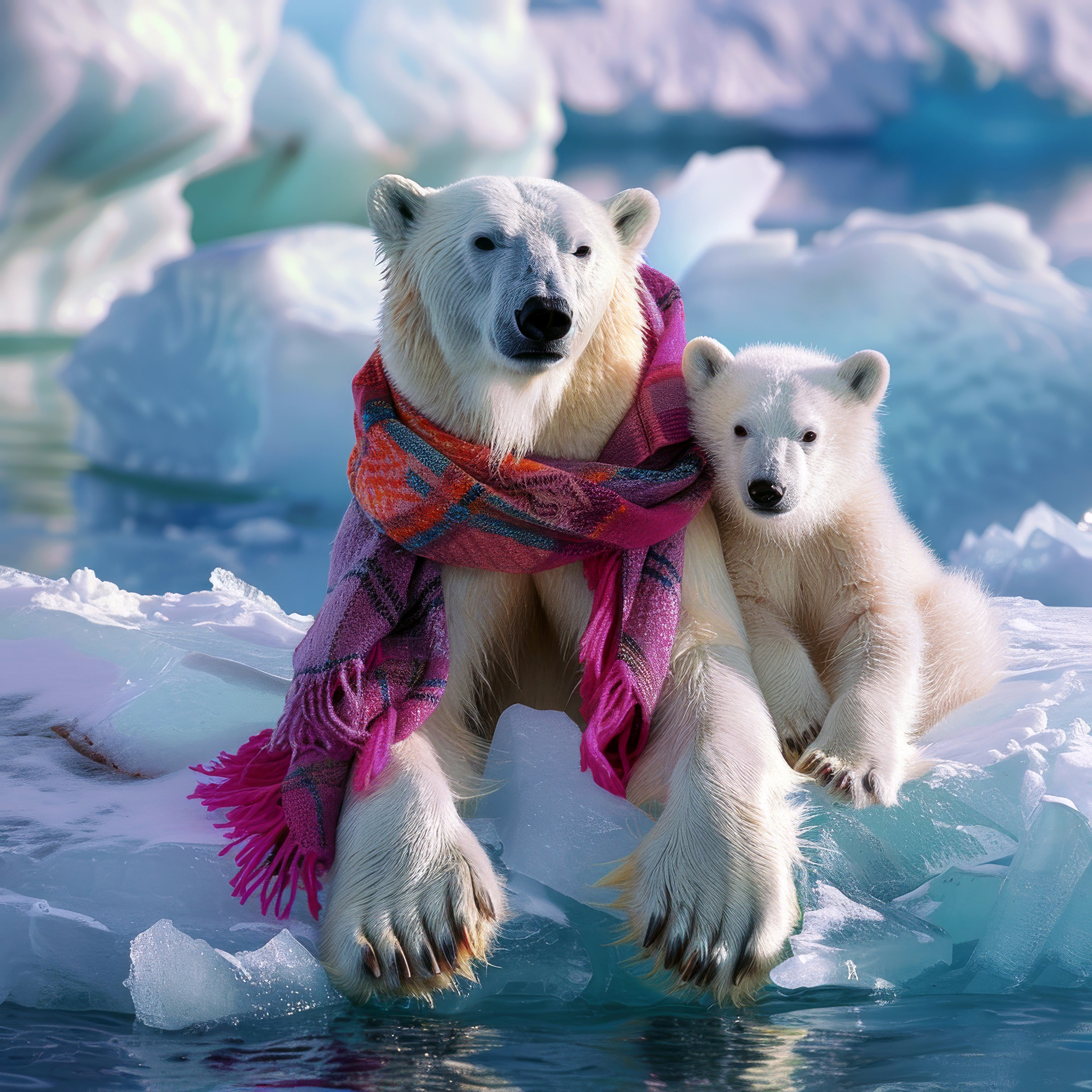 Mark & Sarah Polar bear and cub on ice with a colourful scarf