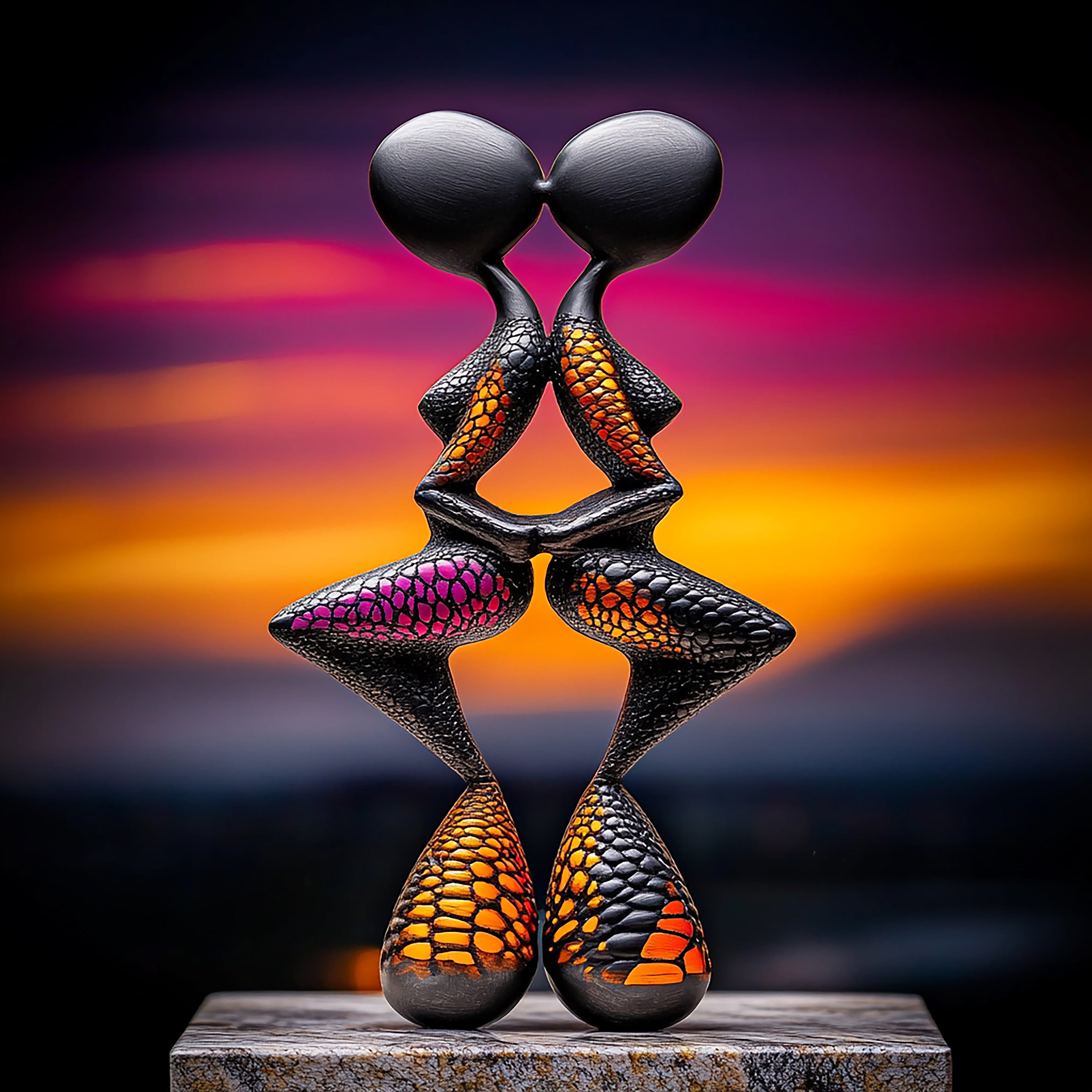 Abstract sculpture with colorful patterns on a reflective surface against a vibrant sunset sky.