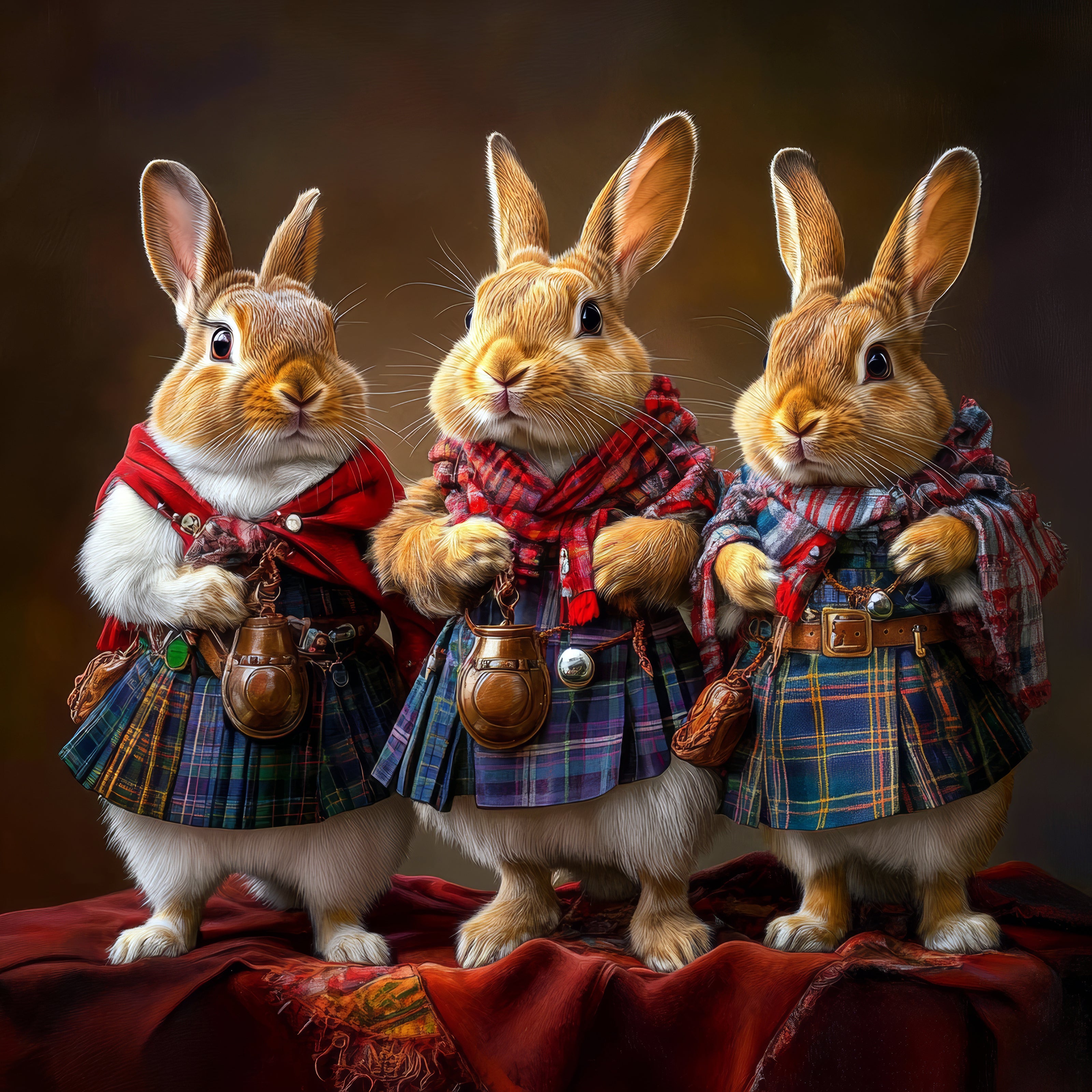 Three rabbits in plaid outfits with kilt-like skirts and tartan scarves on a dark background.