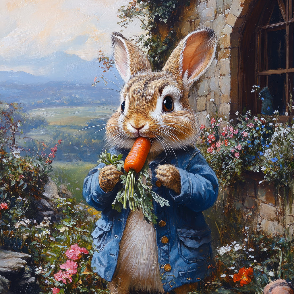 Painting of a rabbit in a blue coat holding a carrot in a garden setting