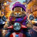 Scooter the Rabbit on a red scooter wearing a colourful scarf and purple hat in an urban setting.