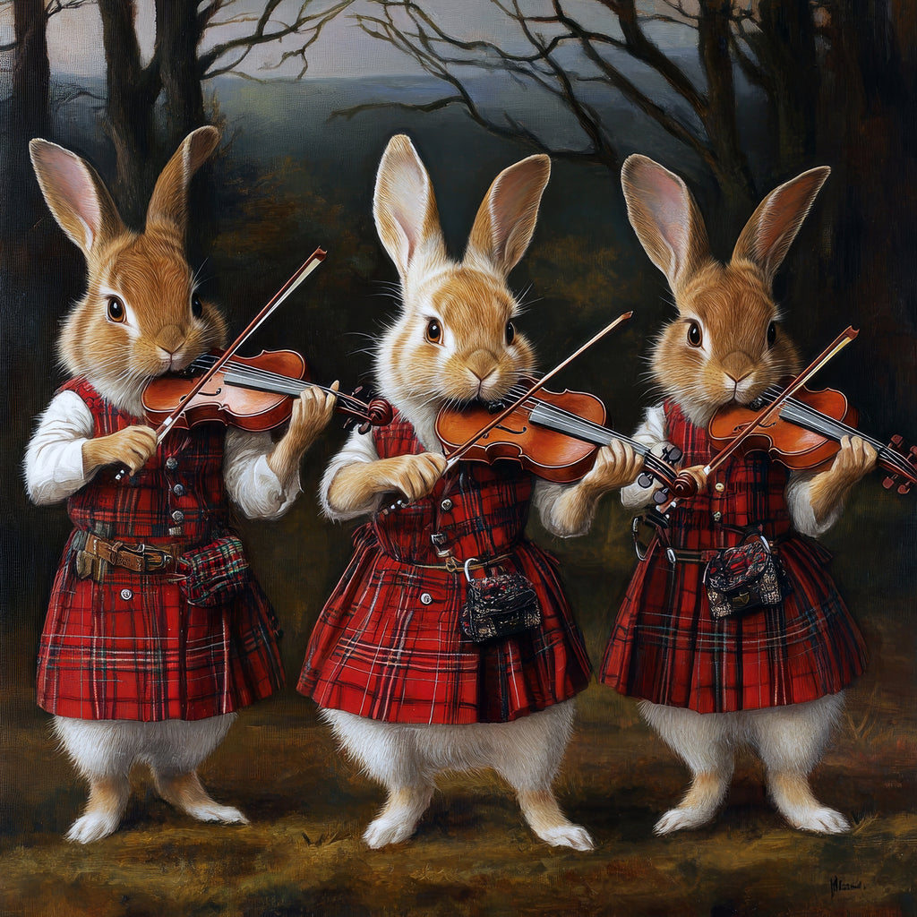 Three rabbits in red plaid dresses playing violins in a forest setting