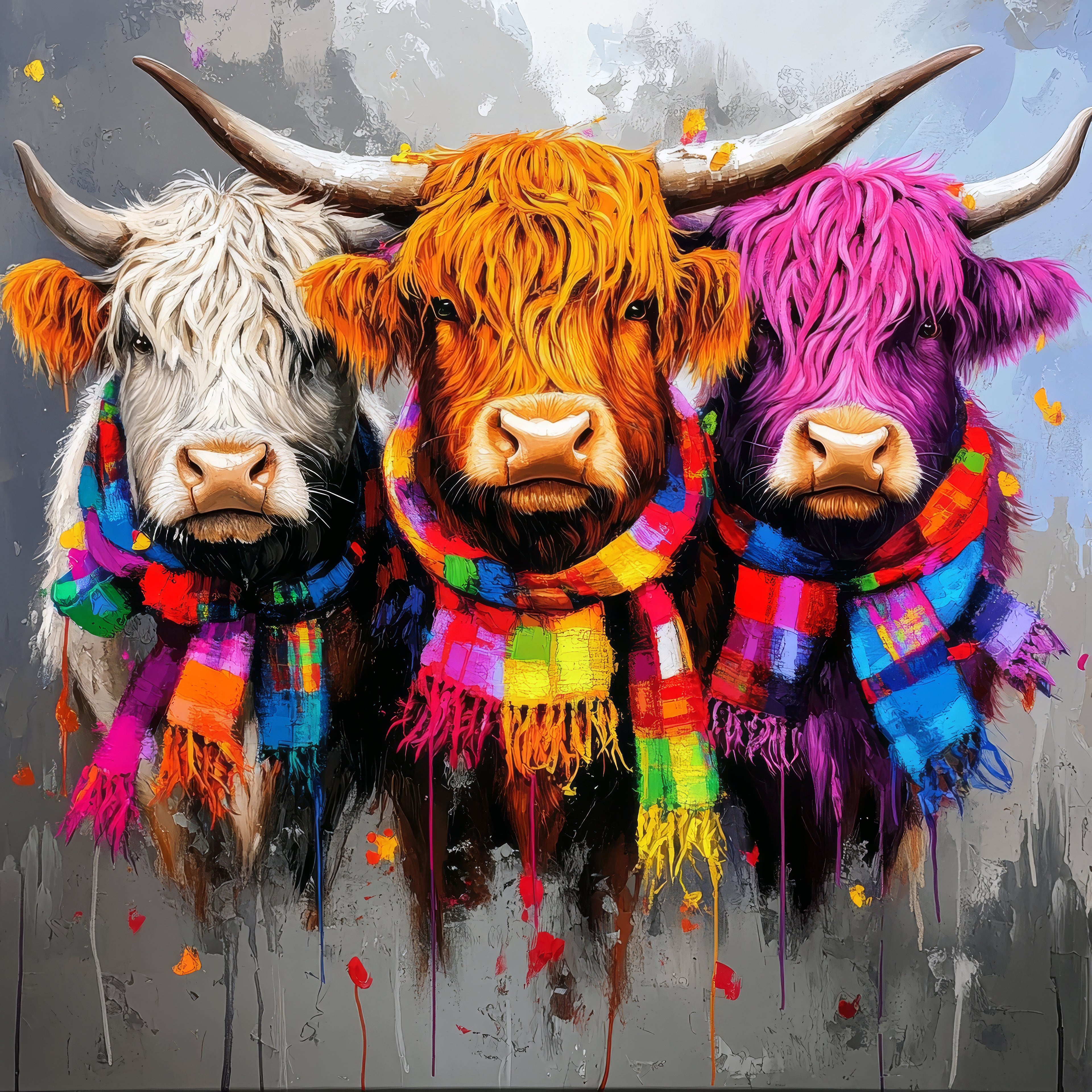 Three colorful cows wearing scarves on a gray background