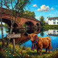 A painted rural landscape showing a stone bridge over a river, a white house in the background, and a shaggy Highland cow in the foreground wearing a plaid scarf beside a sign that reads CALLANDER.