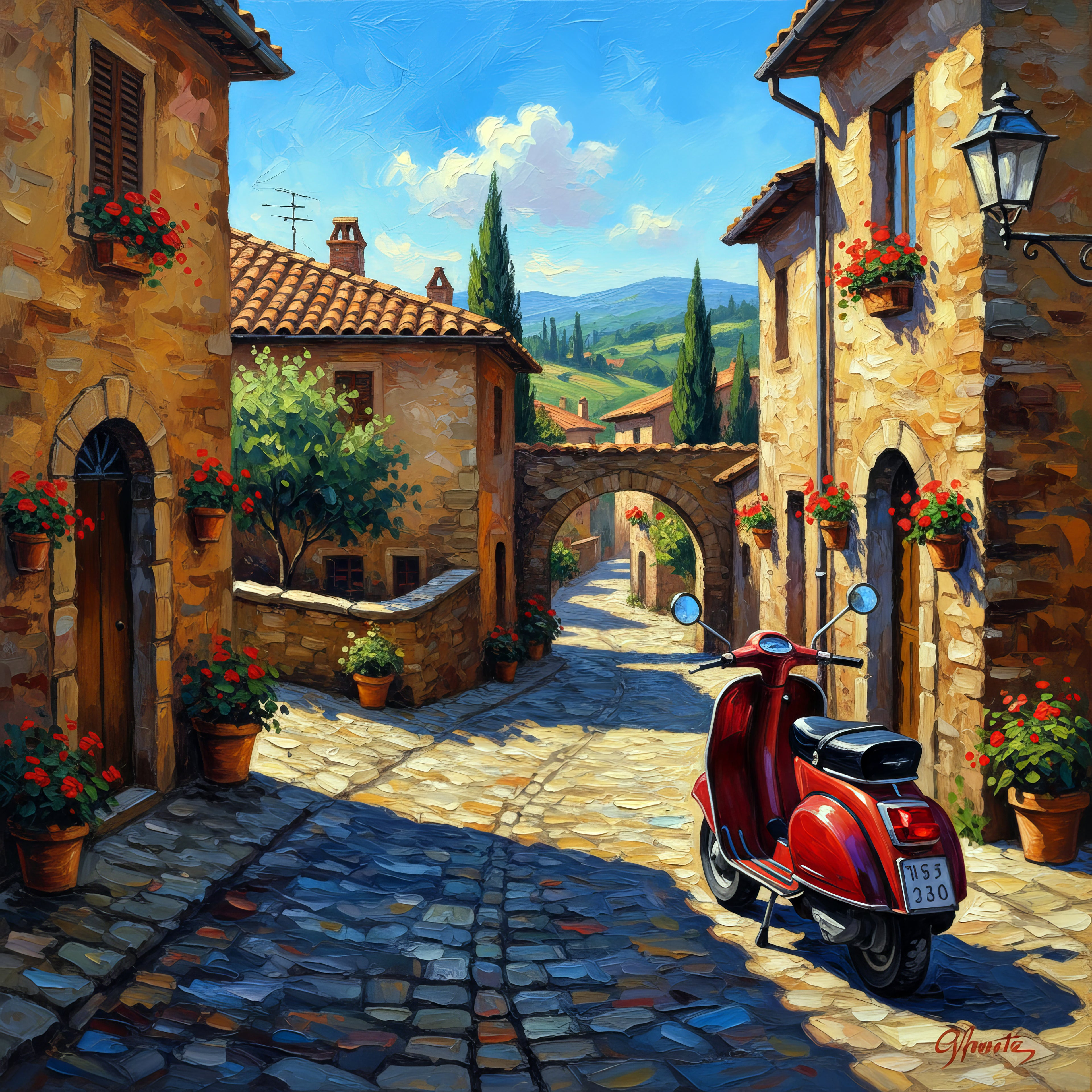Painting of a quaint Italian street with a red Vespa scooter, stone buildings, and potted plants.