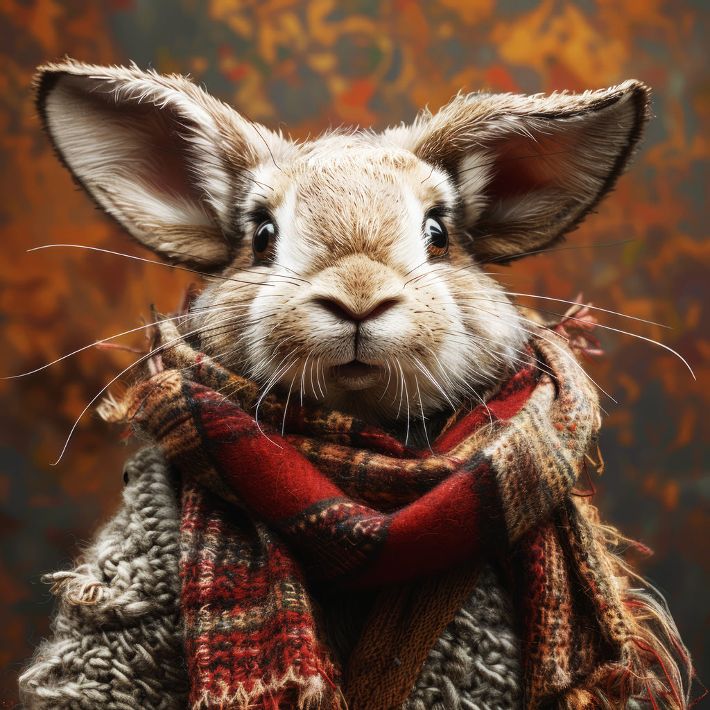 Hare wearing a red scarf with a warm, autumnal background