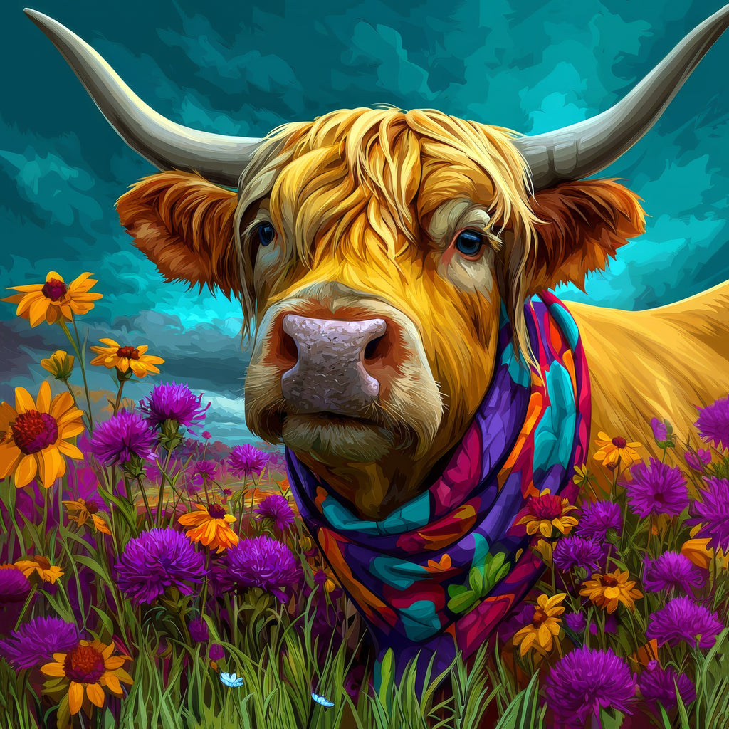Cow with a colorful scarf in a field of flowers