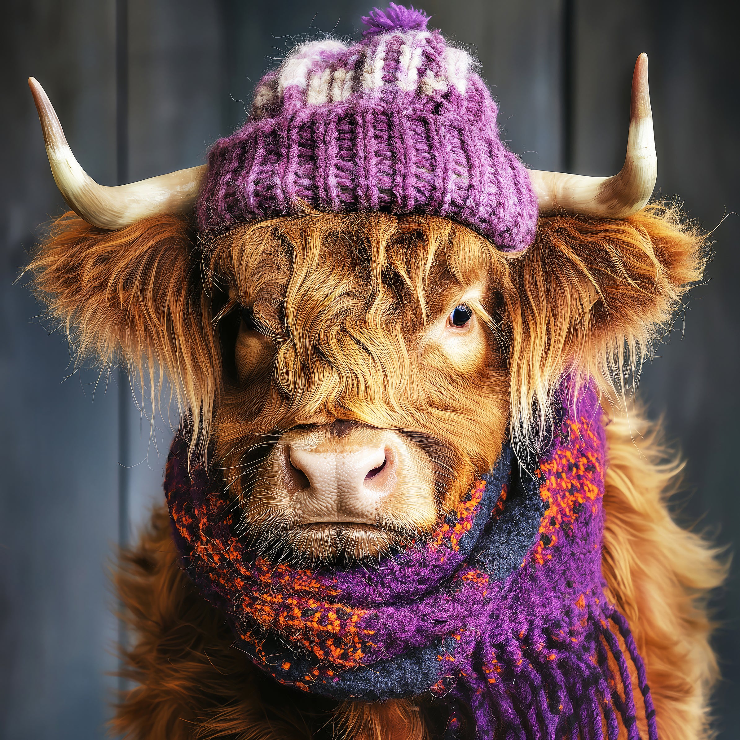 Cow wearing a purple knitted hat and scarf against a dark background