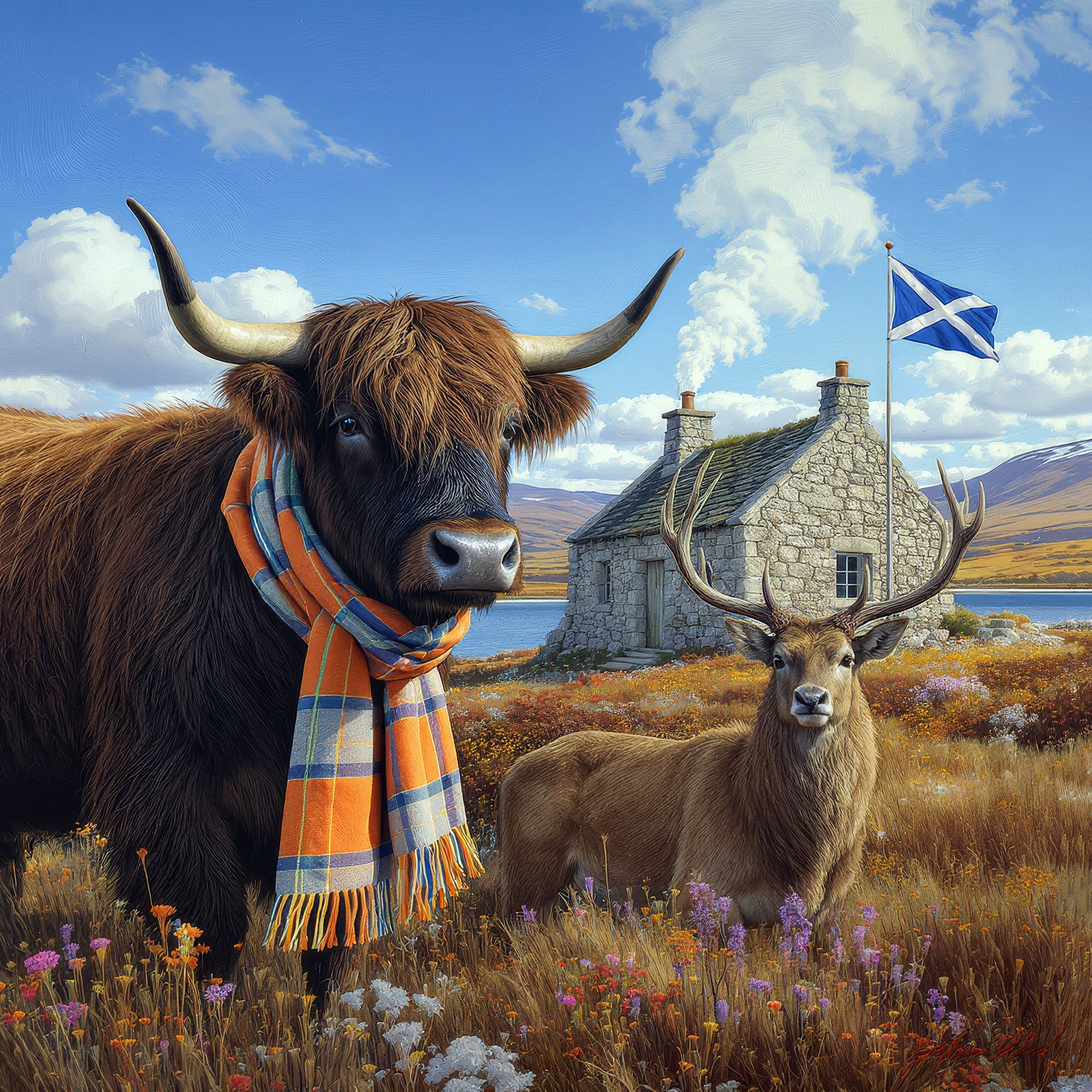 Scenic landscape with a highland cow wearing a scarf and a stag, with a stone cottage and Scottish flag in the background.