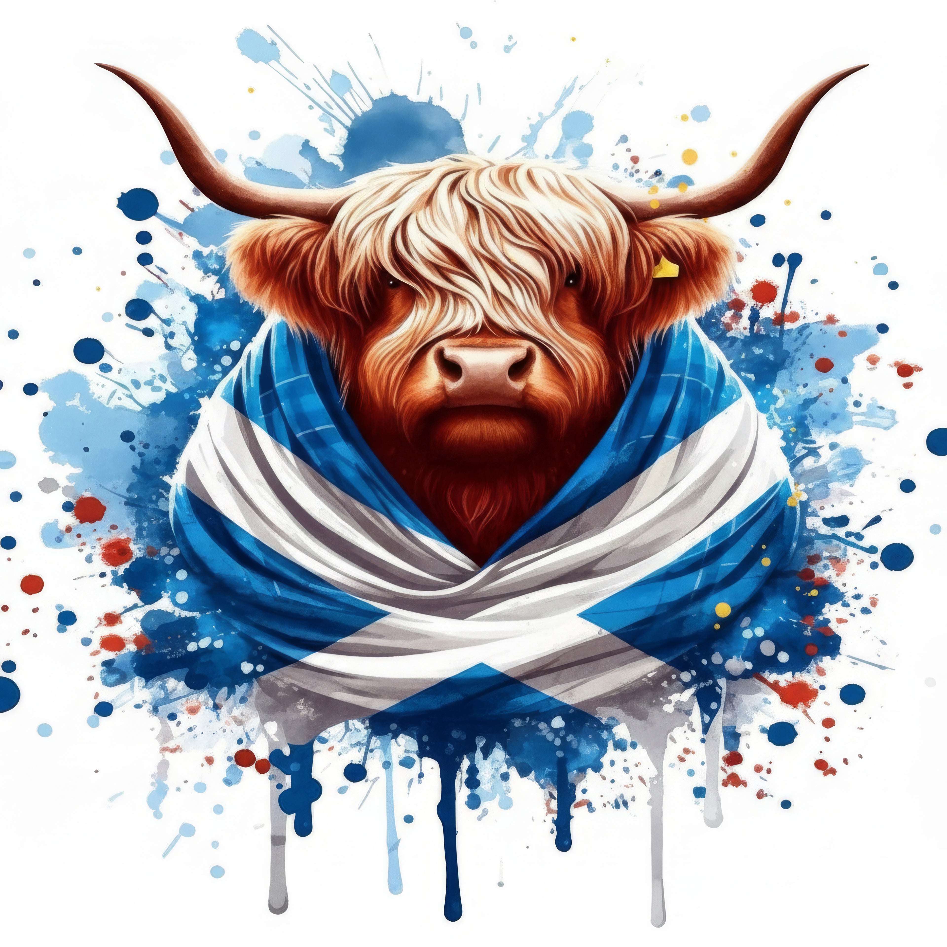 Scot Moo highland cow with Scottish flag