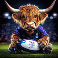 Highland cow in a sports jersey holding a rugby ball on a grass field with a dark background.