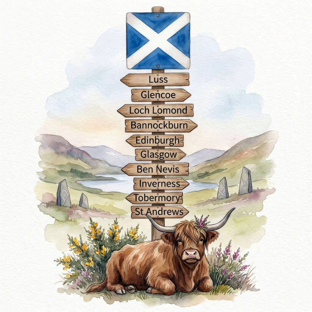 Illustration of a highland cow in front of a Scottish road sign with famous locations.