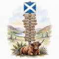 Illustration of a highland cow in front of a Scottish road sign with famous locations.