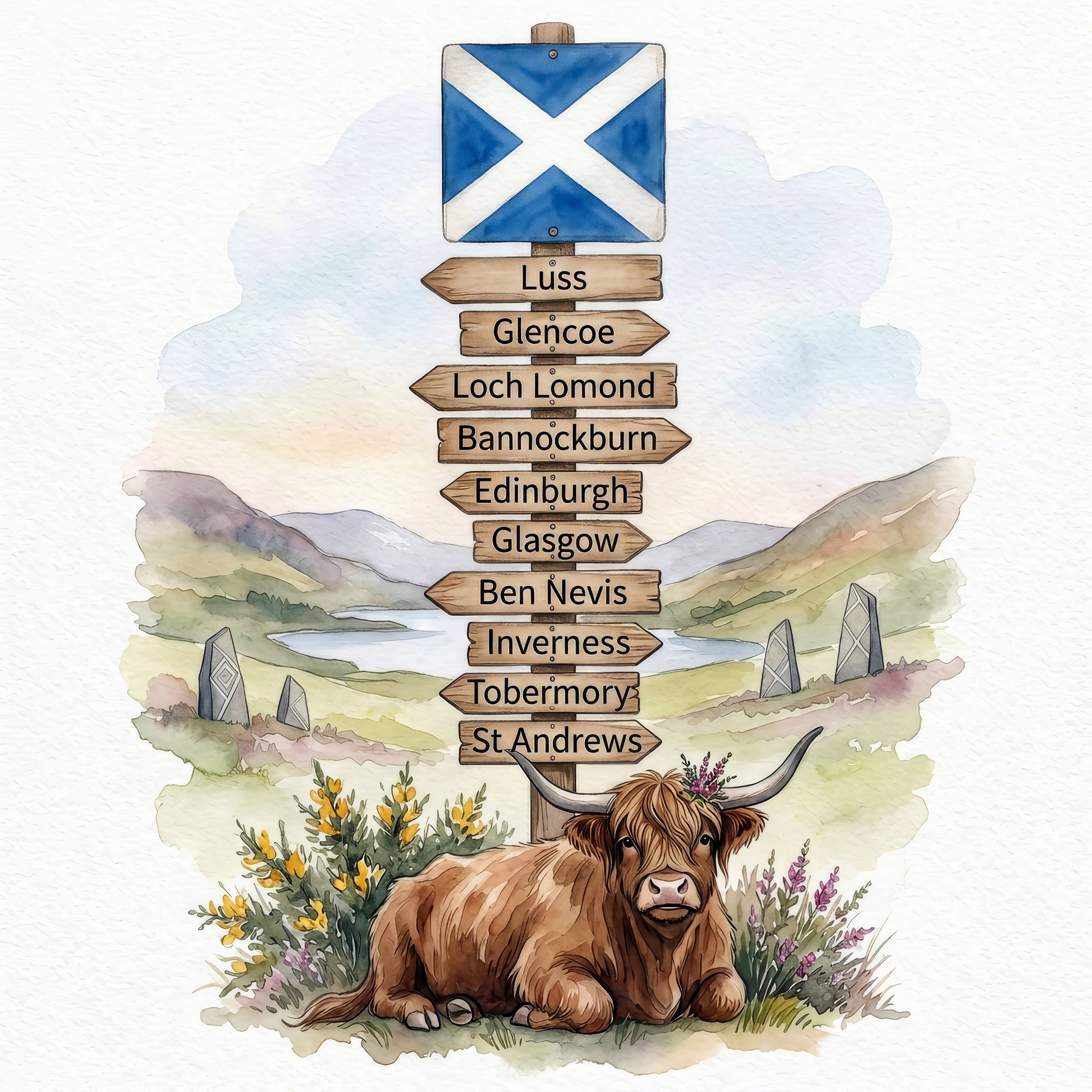 Illustration of a highland cow in front of a Scottish road sign with famous locations.