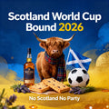 Promotional graphic for Scotland's participation in the 2026 World Cup, featuring a highland cow, bottle of whisky, Scottish flag, and soccer ball.