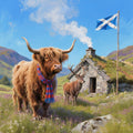 Highland cow with a blue scarf and deer in a Scottish landscape with a flagpole and flag.