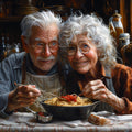 Old couple enjoying a bowl of spaghetti together in a cozy setting.