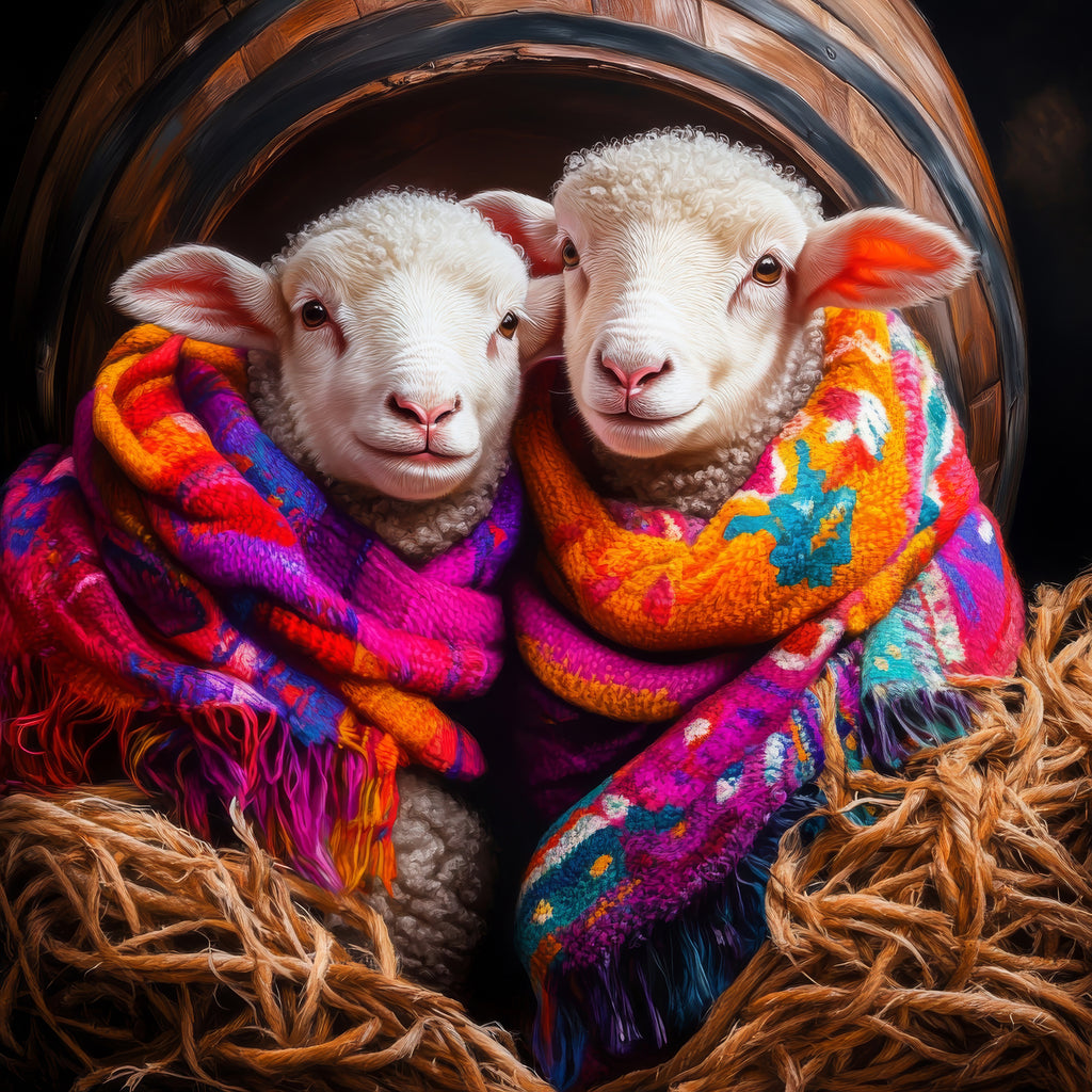 Two sheep wearing colorful scarves inside a wooden barrel.