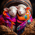 Two sheep wearing colorful scarves inside a wooden barrel.