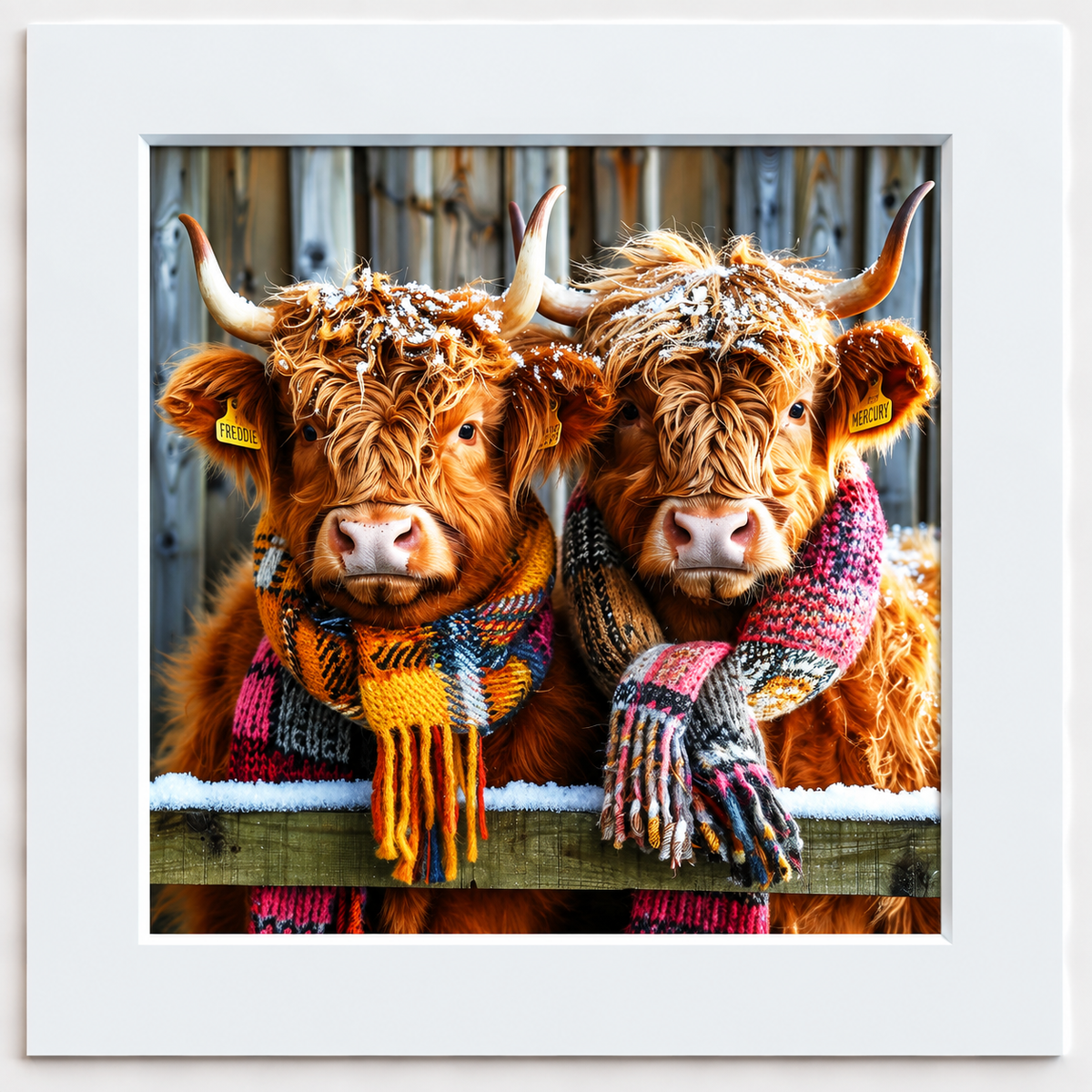 Freddie and Mercury Highland cows wearing colourful scarves in Scottish winter