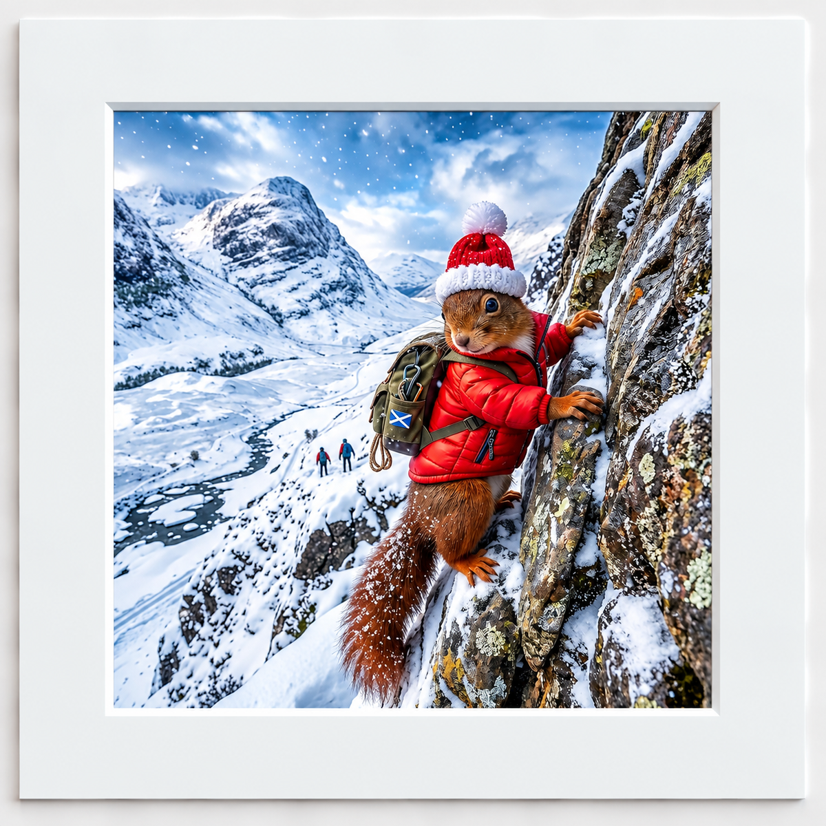 Red the Squirrel climbing in snowy Scottish Highlands photo board