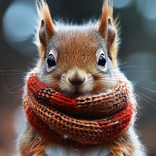 Billy The Squirrel wearing a red scarf with a blurred natural background
