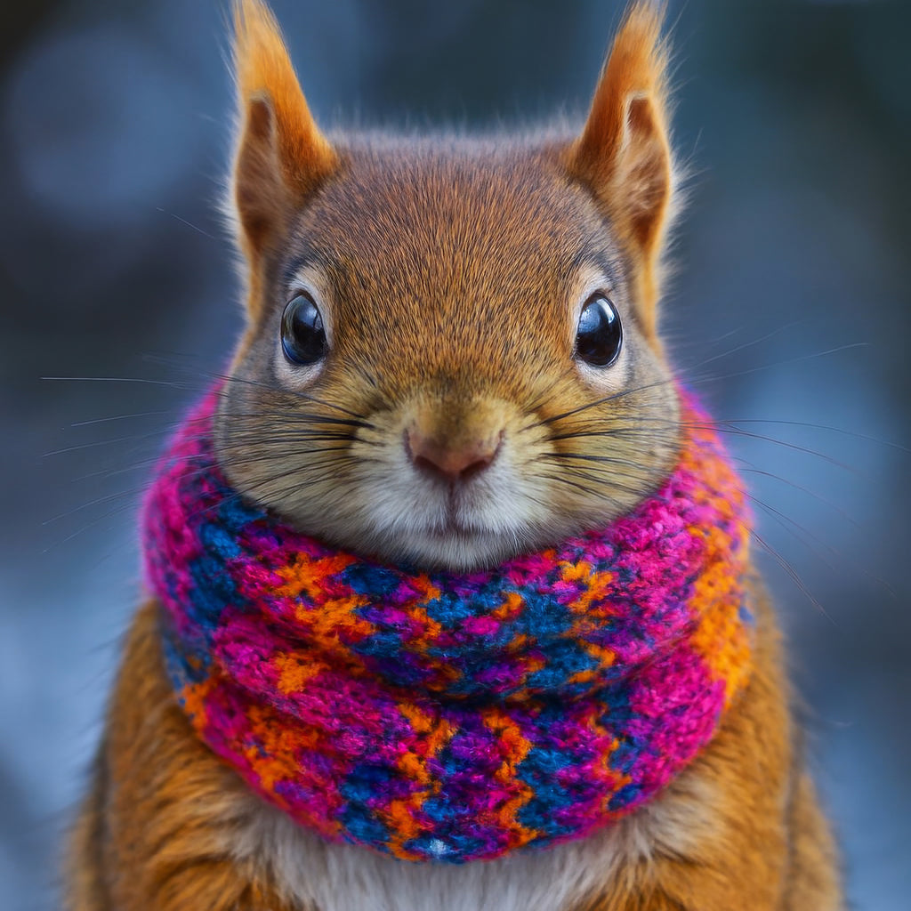 McWhiskers The Squirrel wearing a colourful knitted scarf against a blurred background