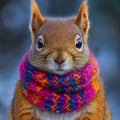 McWhiskers The Squirrel wearing a colourful knitted scarf against a blurred background