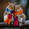 Nutty for You the Two squirrels wearing colourful scarves sitting on a branch.