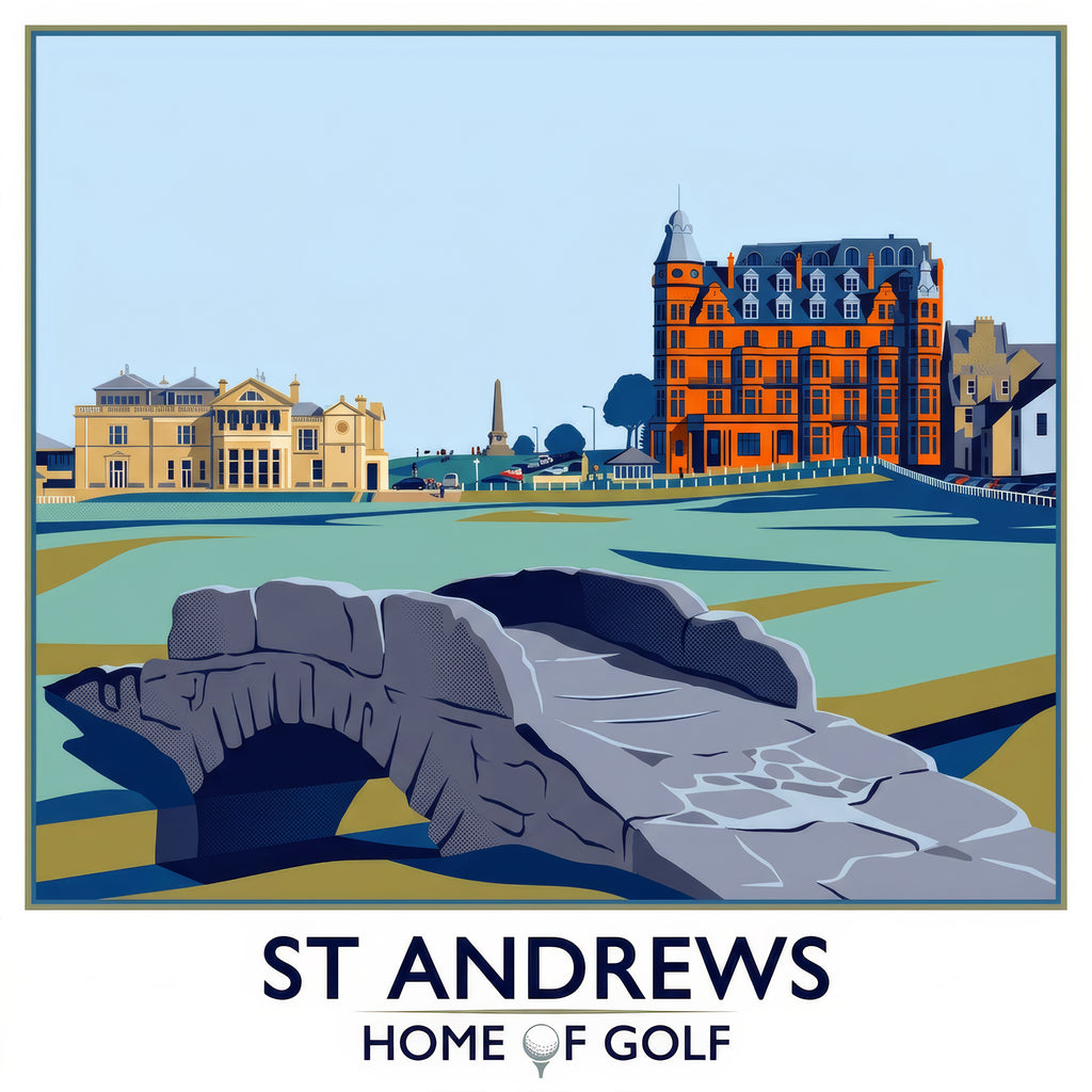 Illustration of St Andrews with a prominent building and stone bridge, labeled 'Home of Golf'.