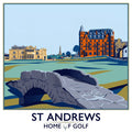 Illustration of St Andrews with a prominent building and stone bridge, labeled 'Home of Golf'.