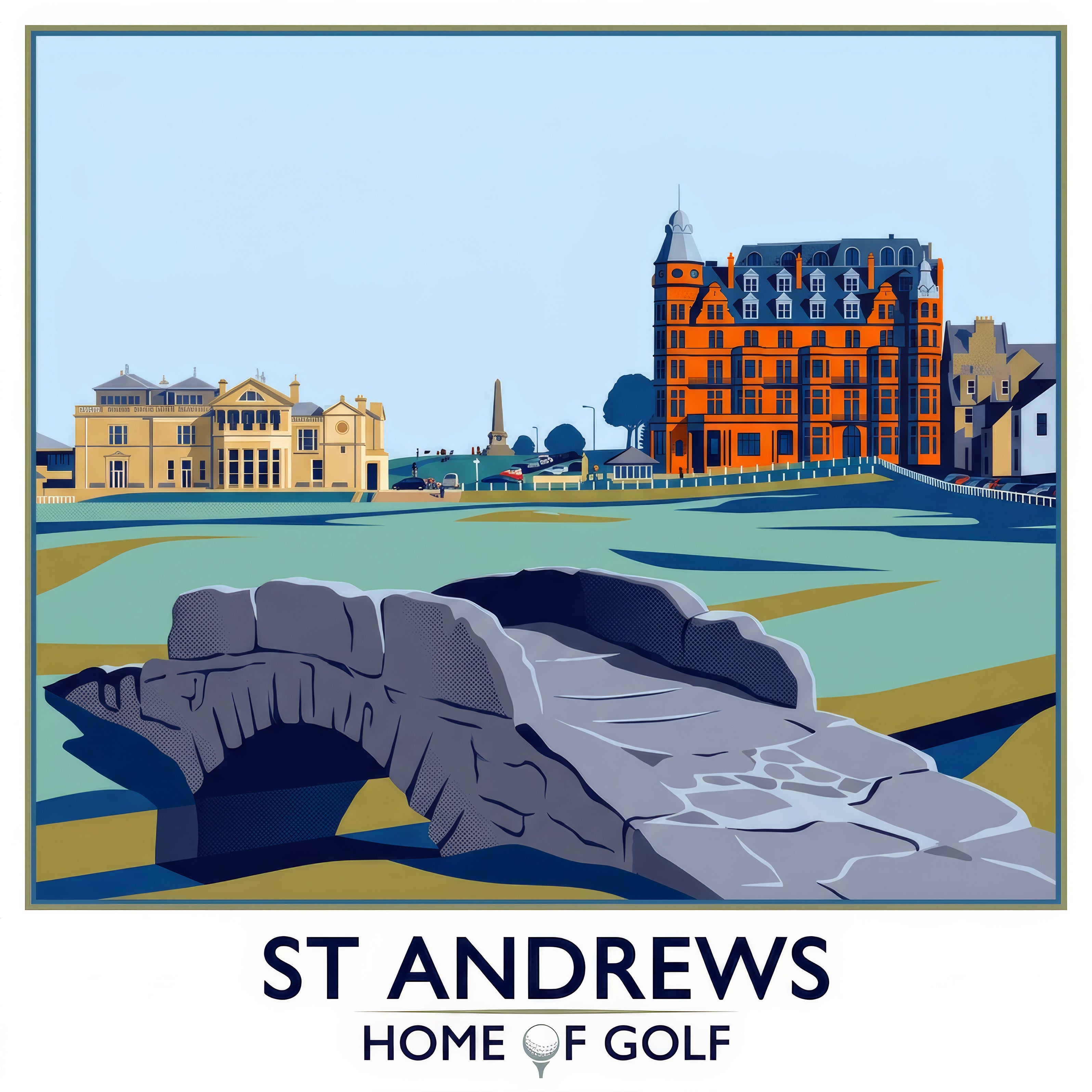 Illustration of St Andrews with a prominent building and stone bridge, labeled 'Home of Golf'.