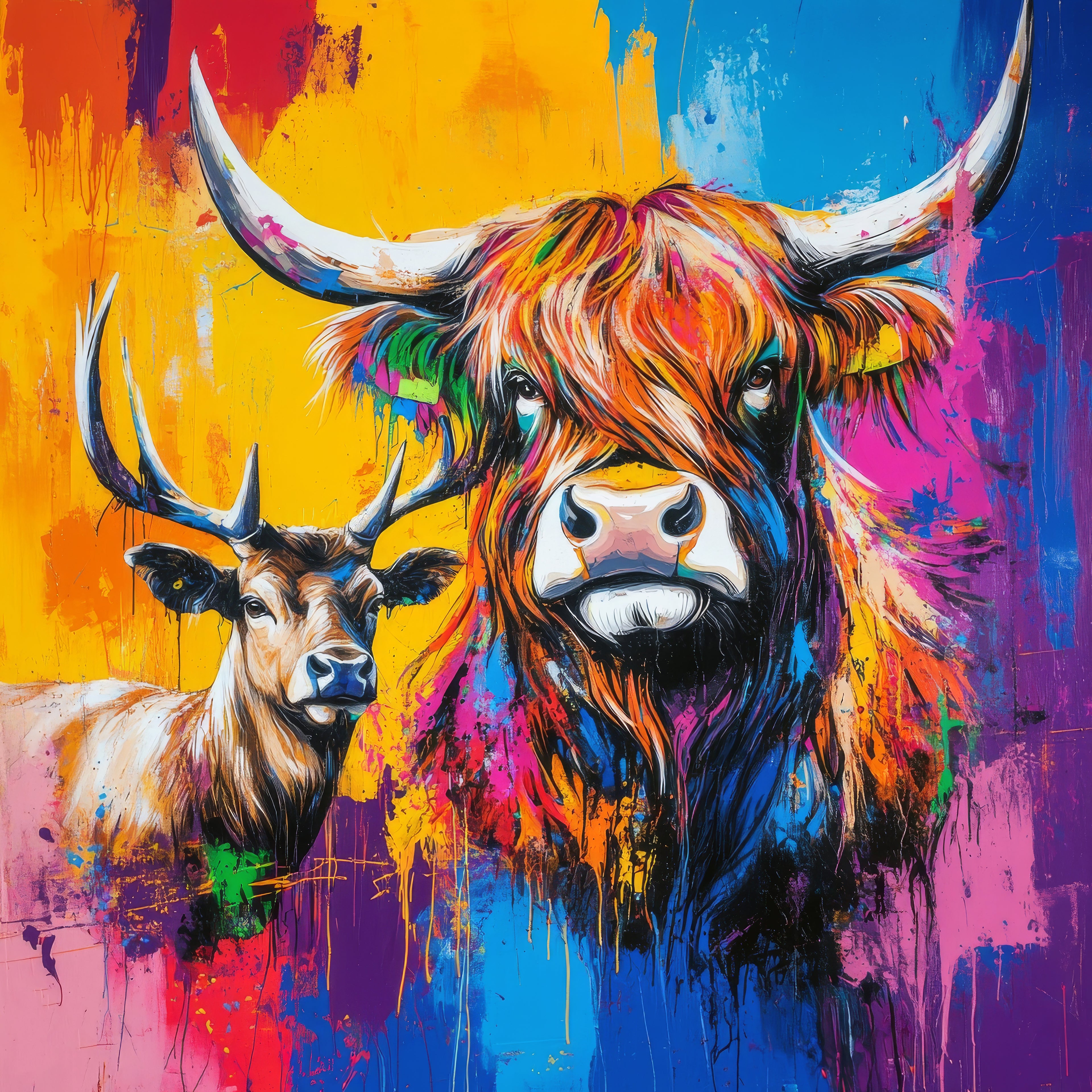 Highland cow and stag in vibrant colours