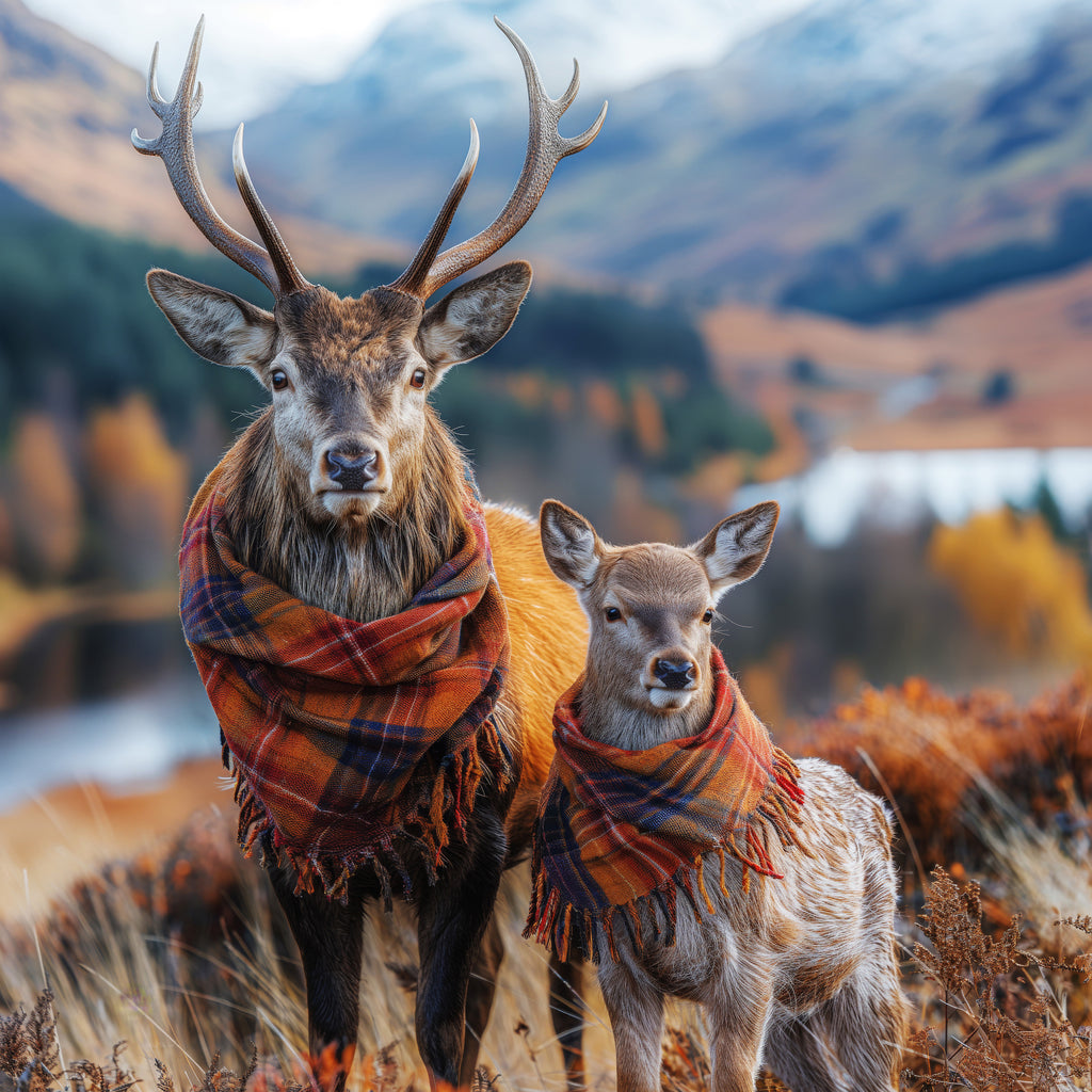 Delio the stag and Federica his daughter out on the hills in Scotland with there scarf on ready for the winter