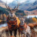 Delio the stag and Federica his daughter out on the hills in Scotland with there scarf on ready for the winter