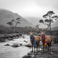 Two deer standing by a river with plaid scarves on, surrounded by mountains and trees.