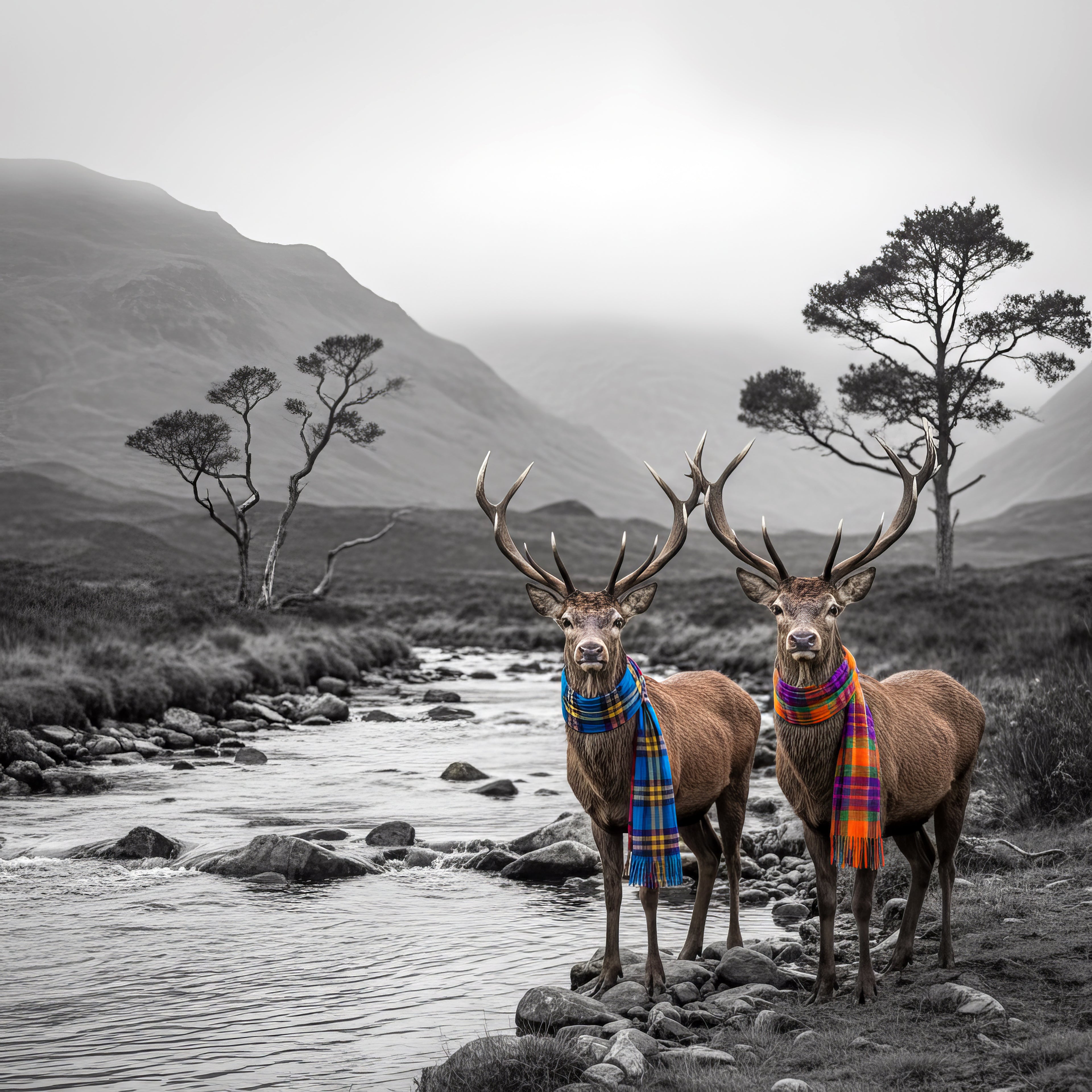 Two deer standing by a river with plaid scarves on, surrounded by mountains and trees.