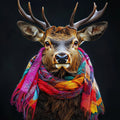 Glen the Deer wearing a colourful scarf on a black background