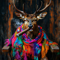 Havana Heart the Deer wearing a colourful scarf and smoking a cuban cigar against a dark wooden background