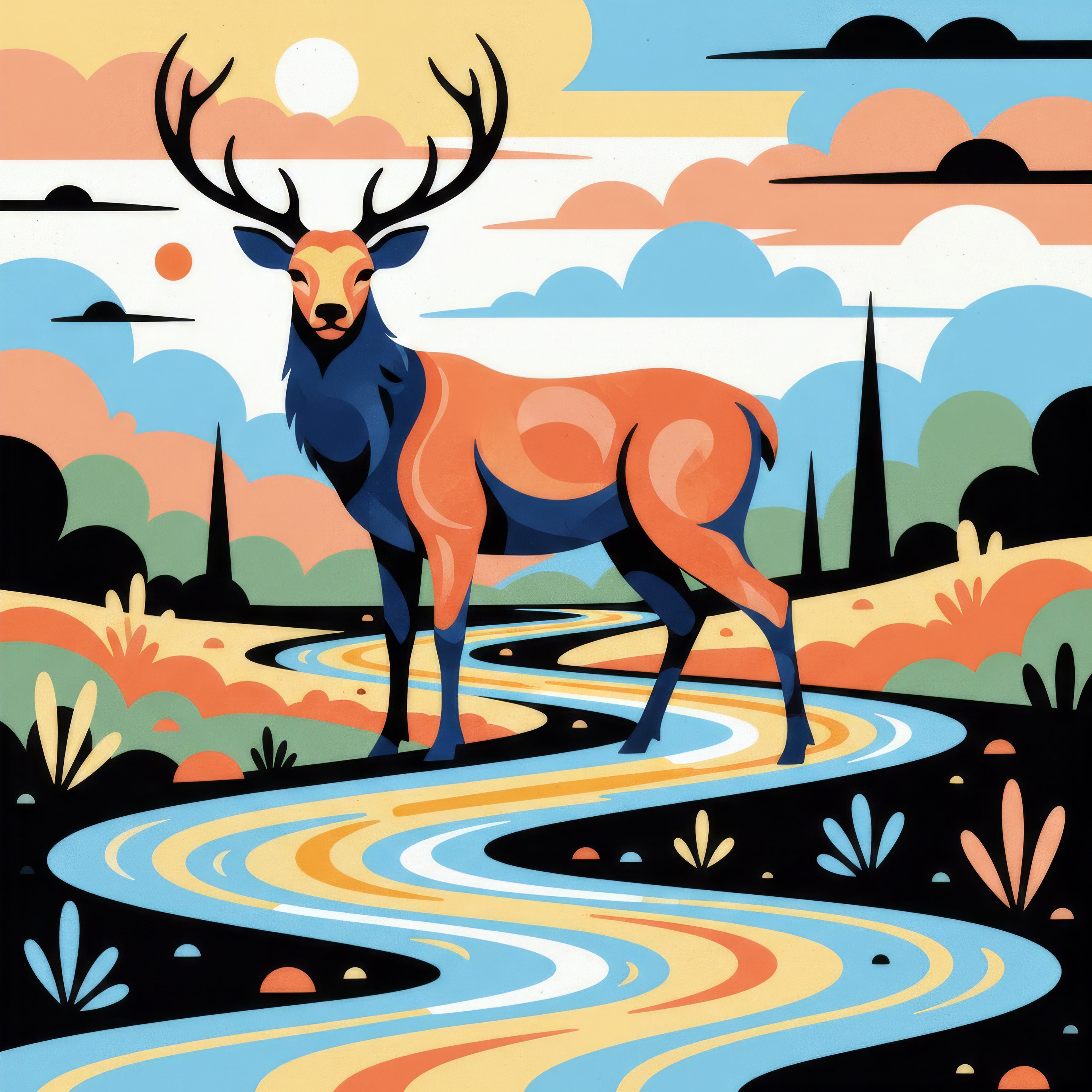 Colorful illustration of a deer standing by a stream with a stylized landscape in the background.