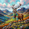 Deer wearing a colorful scarf in a mountainous landscape
