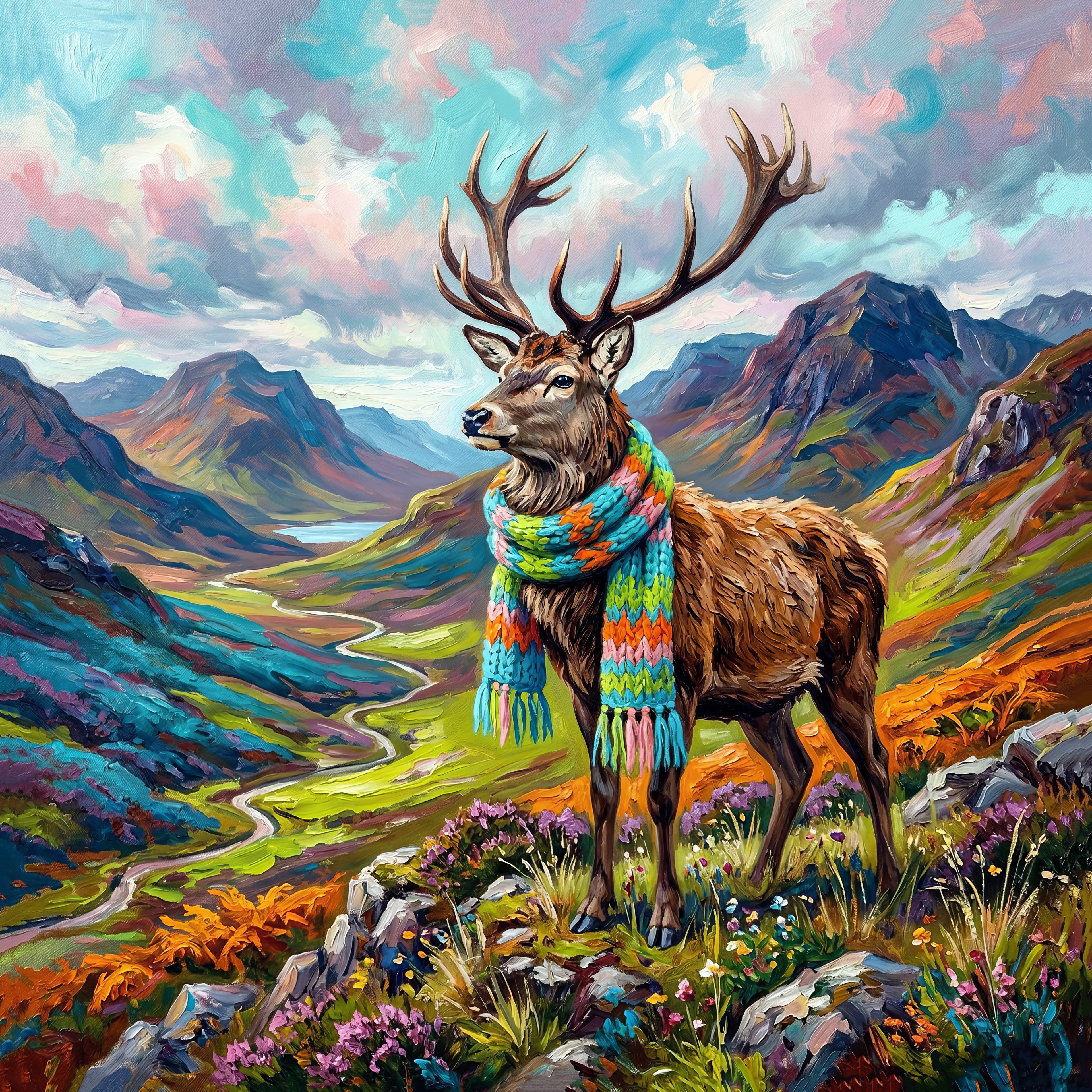 Deer wearing a colorful scarf in a mountainous landscape
