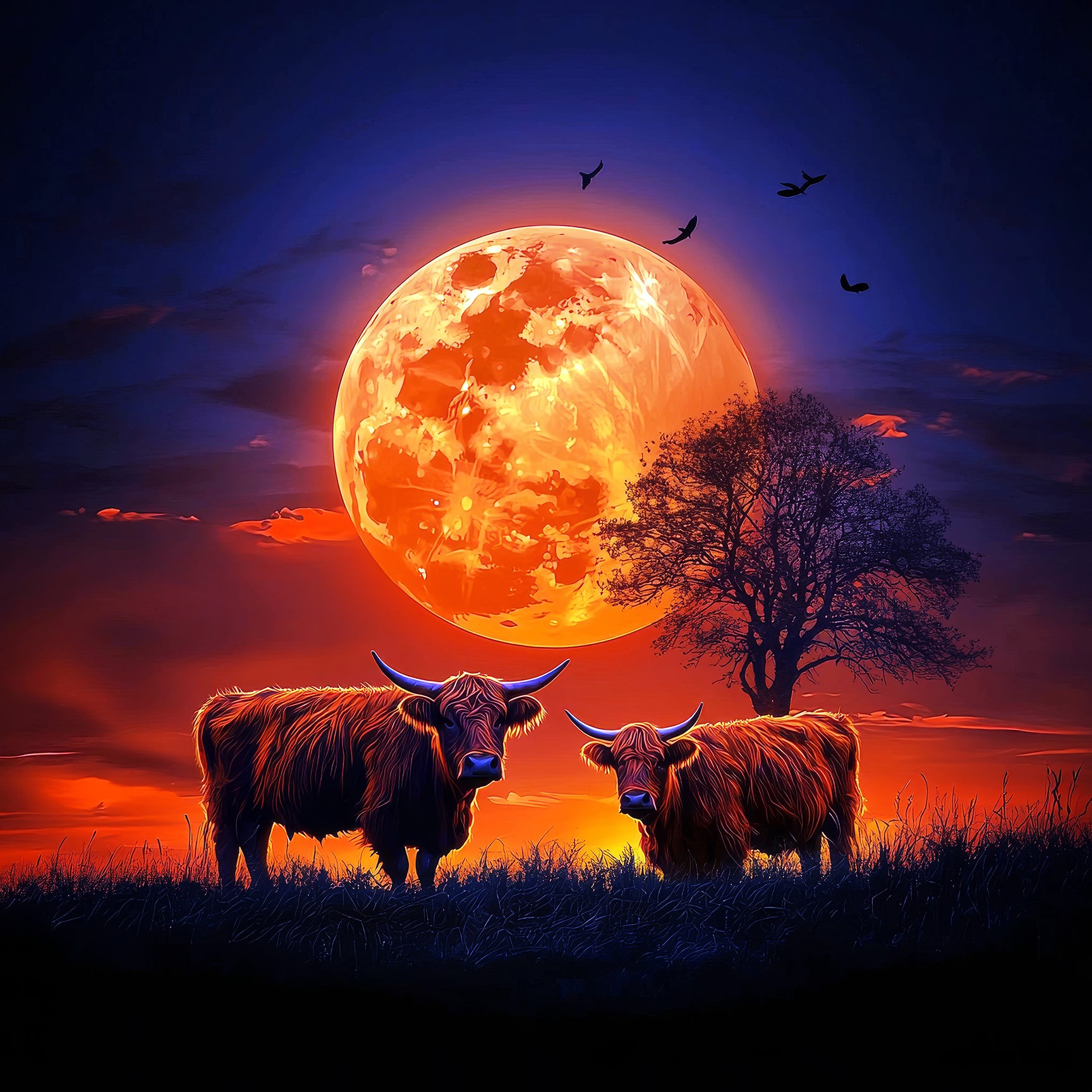 Two bulls standing in a field with a large orange moon in the sky.
